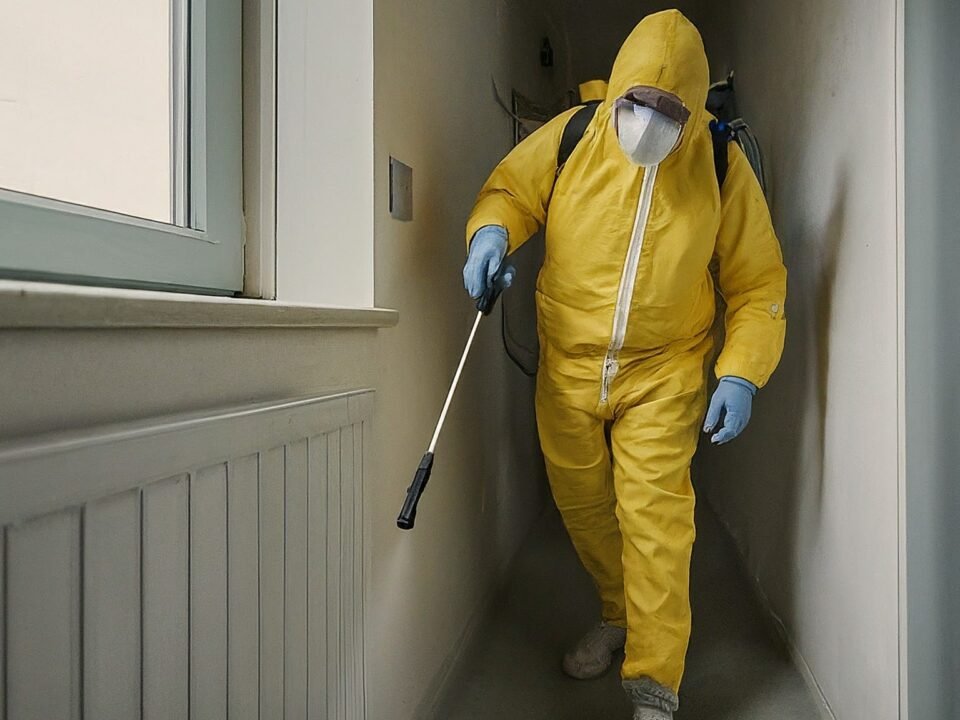 image of a person doing pest control identifying common household pests